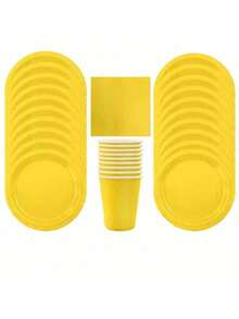Bộ đồ ăn dùng một lần màu vàng 10 món - gồm 10 đĩa, 10 cốc 9oz và khăn ăn, thích hợp cho sinh nhật, tiệc tùng, dã ngoại và trang trí tiệc nướng BBQ. - Màu vàng - Xem 3