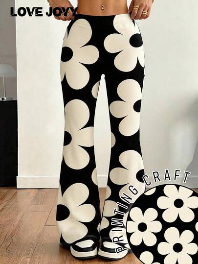 LOVE JOYY 女士 Y2K 复古印花喇叭休闲裤，高腰显瘦垂坠长裤，夏季休闲度假日常穿搭