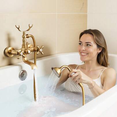 VEVOR Clawfoot Tub Faucet, Wall Mount Bathtub Faucets With Handheld Shower, Vintage Brushed Gold Clawfoot Tub Filler Faucet Shower Kit With Adjustable Swing Arms & 360° Rotation Spout For Bathtubs