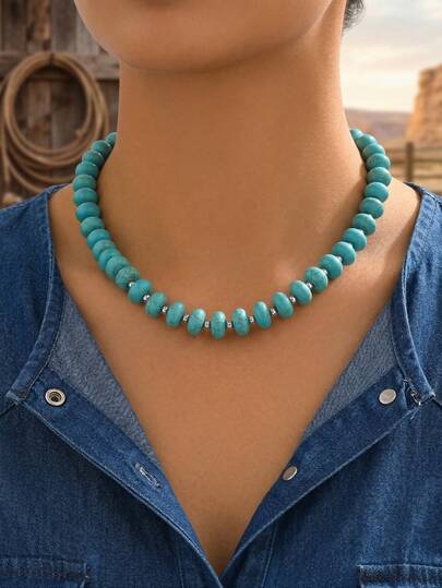 1pc Luxurious Heavy Western Style Necklace With Turquoise Decor, Fashionable Choker Necklace Jewelry For Women, Suitable For Daily Wear, Dates, Parties And Music Festivals