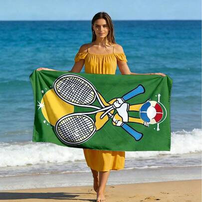 1条高清数码印花沙滩巾/浴巾 - 融合网球和足球的动感图案；可机洗；是海滩、泳池、旅行、瑜伽、露营的理想之选，也可作为浴室用品，来自DMTshop