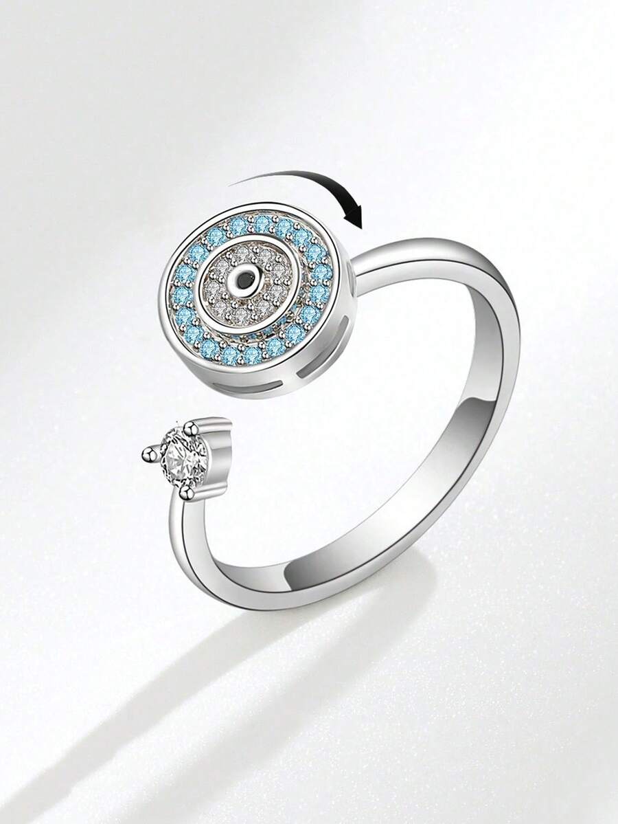 1 chiếc nhẫn xoay hình mắt quỷ có thể điều chỉnh kích thước, nhẫn Zirconia chống lo âu sáng tạo kiểu Châu Âu và Mỹ (số lượng Zirconia ngẫu nhiên) - Màu Bạc Cổ - Xem 1
