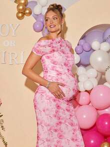 Loomaby Pregnant Women's Elegant Floral Print Asymmetrical Neck Fitted Dress, Suitable For Party And Vacation, Summer,Gender Reveal Dress,Maternity Dress, Baby Shower Dress - 粉色 - 查看 7