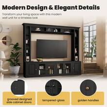 4-Piece Modern Entertainment Center Wall Unit With Bookshelves All-In-1 Large TV Stand With Tempered Glass Door For TVs Up To 80" 92inch Media Console With Adjustable Shelves For Living Room Black - Black + Particle Board+MDF + Primary Living Space1 - View 3
