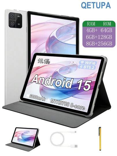 Qetupa 10.1英寸安卓15平板电脑，配备保护套和手写笔，三种存储配置可选：4GB RAM + 64GB ROM / 6GB RAM + 128GB ROM / 8GB RAM + 256GB ROM（支持最高1TB SD卡扩展），搭载MTK8788八核2.0GHz处理器，高清(1280x800) IPS触控屏，前置500万像素摄像头，后置1300万像素摄像头，无SIM卡槽，配备Type-C充电接口
