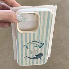 1pc TPU Material Dual Whale & Striped Pattern Phone Case Compatible With Iphone 17 Pro Max/17/16 Pro Max/15/13/12/11, S20 FE/A15/S24/A55, Note 11/Note 12/Note 13 Pro, Full Coverage Anti-Drop Soft Protective Phone Cover - White - View 3