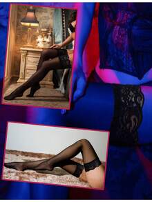 Black Thigh High Stockings For Women – Lace Top Sexy Thigh Highs Pantyhose, Plus Size Sheer Black Tights - màu đen - Xem 7