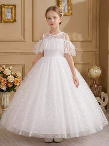 Váy maxi ren trắng sequin vải tuyn cho bé gái tuổi teen, váy công chúa thanh lịch cho đám cưới, tiệc sinh nhật, dạ hội, phù dâu, lễ kỷ niệm ngày lễ - trắng - Xem 3