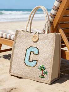 1 Pc Towel Embroidered Initials Pattern Handbag,Flower Printed Linen Handbag,Small Floral Linen Button Decorative Handbag,Simple Large-Capacity Handbag, Portable Casual Storage Tote Bag, Multifunctional Shopping Bag,New Design, Large Capacity, Ideal For Shopping, Shoulder Bag, Handbag, Lunch Bag - Multicolor - View 7