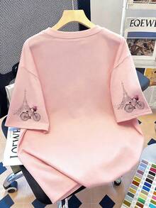 Blumen-, Eiffelturm- und Fahrrad-Muster Rundhals Lässig T-Shirt, Große Größen Sommer Mode Kurzarm, Strand, Urlaub, Frühling Rosa - Pink - Übersicht 4