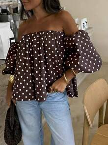Women's Polka Dot Contrast Color Pleated Off-Shoulder Top, Suitable For Beach And Daily Wear, Spring/Summer - Coffee Brown - View 4
