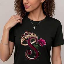 Camiseta Decorada con Corona de Rosas y Letra S para Mujer- 1pcs, 180Gsm, 100% Cotton - Negro - Ver 5
