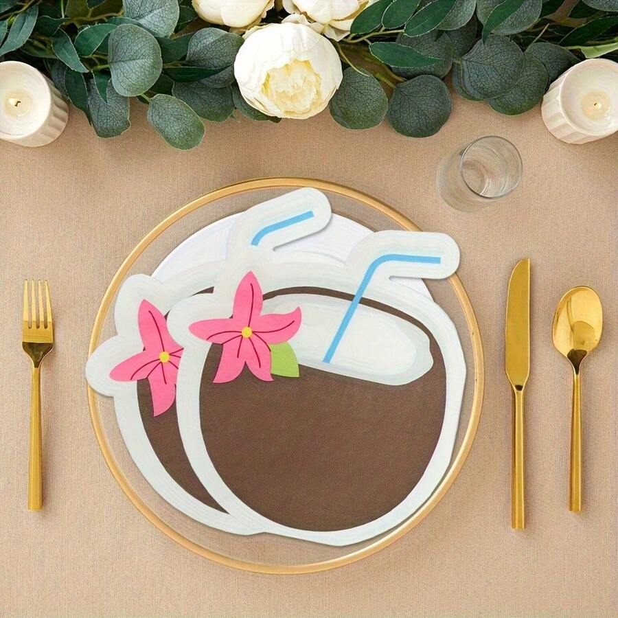 20/40pcs Coconut Shaped Party Napkins, Cocktail Napkins, Made Of Pure Wood Pulp, Double-Ply Soft, No Optical Brighteners, Highly Absorbent, Non-Shedding And Non-Tearing, 3D Embossed + Colorful Tropical Decor Patterns, Suitable For Themed Afternoon Tea, Summer BBQ And Hawaiian Parties, Vibrant Coconut Cup Designs Adorned With Hibiscus Flowers, Holiday Tabletop Decorations - A - View 1