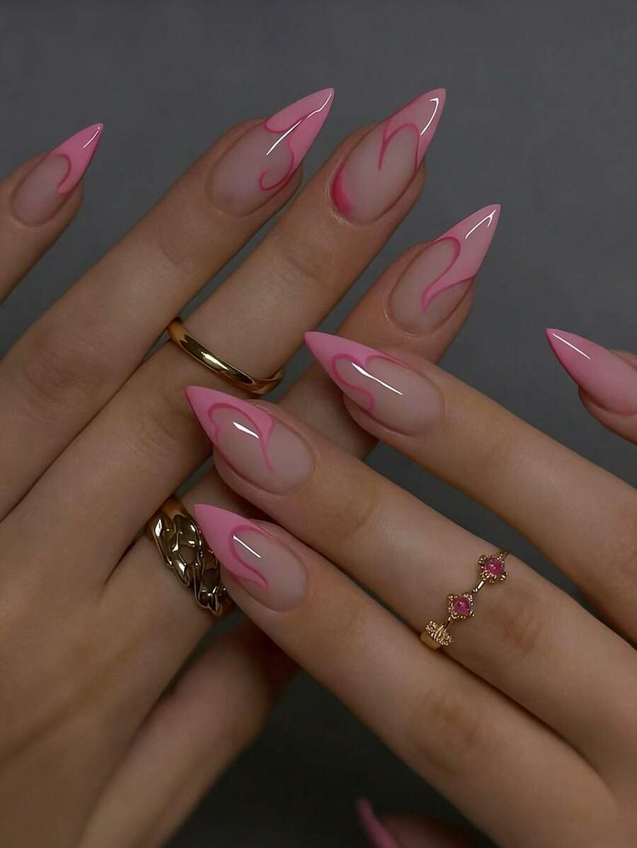 24pcs Medium Pink Ombre Swirl Heart Pattern Glossy Full Cover False Nails, Suitable For Women & Girls, Y2K Style - Pink - View 1