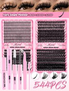 MEM 544 Spiky Clustered Eyelashes, Lower Eyelashes, Mixed Style Eyelash Grafting Set Fairy Spiky+80D+100D+120D, 10-18mm Thick And Thickened DIY Spiky Eyelashes, D-Curled Single Cluster 3D Thickened False Eyelashes, With Glue, Glue Remover, Tweezers Can Be Reused, Multiple Types Of Clustered Eyelashes Suitable For Various Occasions - 黑色 - 查看 11