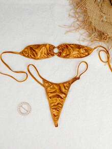 Bộ đồ lót hai mảnh gợi cảm dành cho nữ, quần lót bikini dây mảnh màu trơn, thích hợp cho tiệc tùng. - Vàng - Xem 3