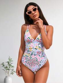 New Women's One-Piece Swimsuit, Tummy Control And Slim Fit, Floral Double Shoulder Straps, Open Back Swimsuit - 白色 - 查看 4