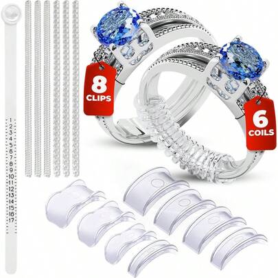 KLONKEE Calibradores de anillos para anillos sueltos - 8 ajustadores de anillo de fácil clip y 6 ajustadores de bobina - calibrador de talla de dedo - Tallas de anillos USA del 1 al 17