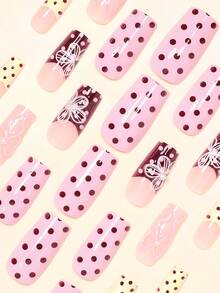 Nâng tầm diện mạo của bạn với phong cách Y2K! 24 móng tay giả hình vuông cỡ trung bình, kiểu dáng retro thanh lịch với sự tương phản hồng và nâu, họa tiết chấm bi, đầu móng kiểu Pháp viền rộng, hoa 3D và họa tiết nơ. Móng giả cổ điển thời trang với đầu móng kiểu Pháp màu vàng kem và họa tiết chấm bi nâu. Bộ móng giả phủ toàn bộ dành cho phụ nữ và bé gái. Bao gồm 1 tờ miếng dán và 1 dũa mini. Gel dẻo dạng dải. Giao hàng ngẫu nhiên. Dụng cụ làm móng. - Nhiều màu - Xem 4