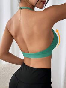 LianShengFa 1 pieza Sujetador deportivo sin costuras acanalado sin espalda con cuello en V, elasticidad media, acolchado extraíble, top de fitness, sujetador de yoga suave, cómodo y transpirable - Verde - Ver 6
