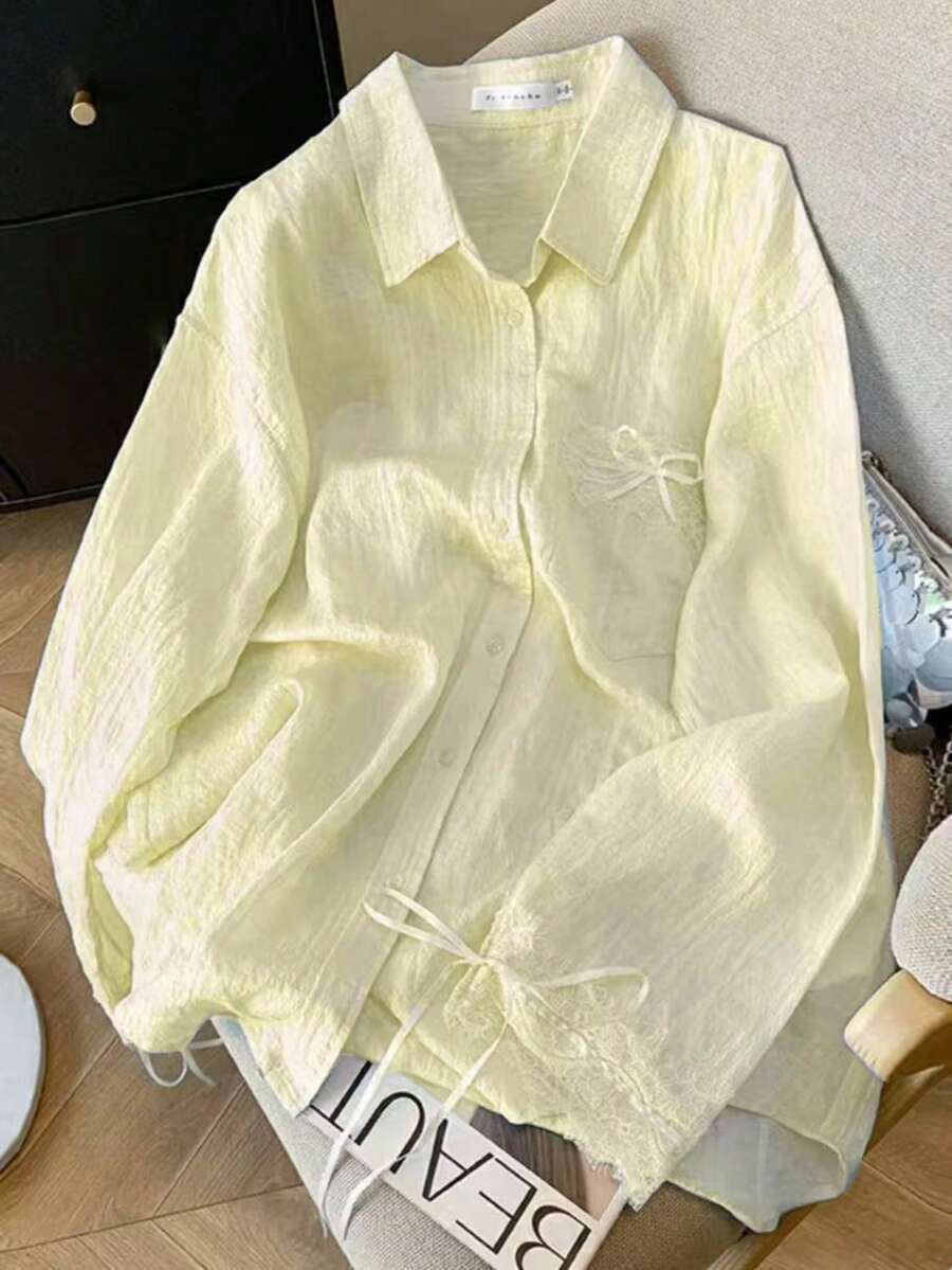女士休闲蝴蝶结装饰防晒上衣,夏季 - 黃色 - 查看 1
