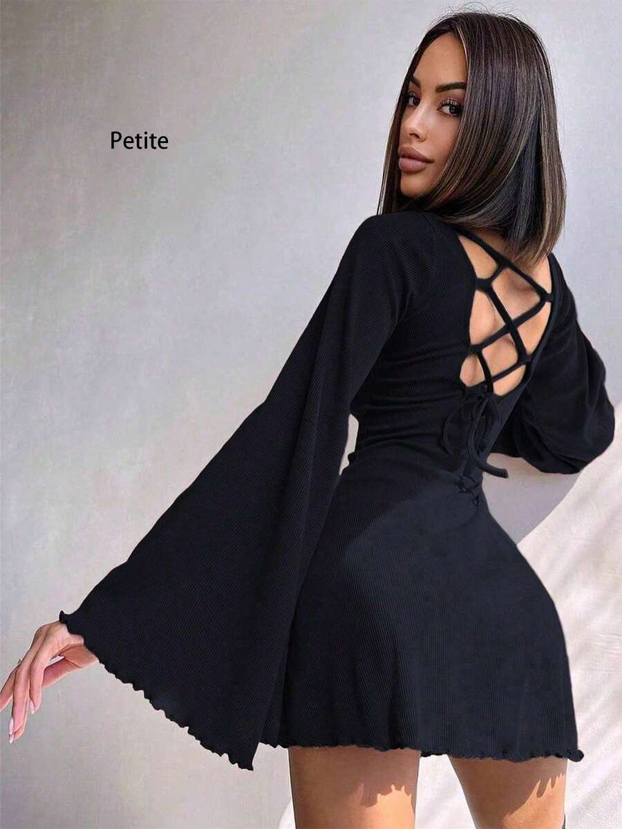 Fashionable Sexy Petite Round Neck Solid Color Flare Sleeve Hollow Tie A-Line Short Dress Spring - Black - View 1