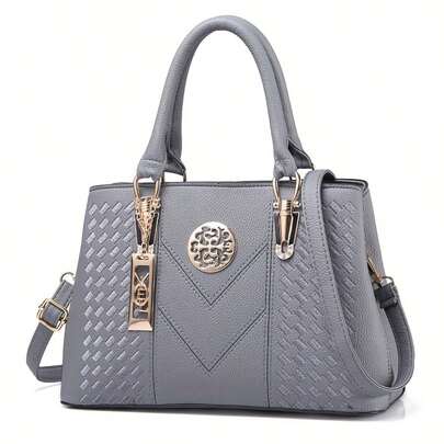 M MENGYISCC English Title: 2026 Fashion Minimalist Gray Diamond Embossed Tote Bag, Sophisticated Top Handle Shoulder Bag For Women, Large Capacity Crossbody Purse With Ornate Metal Detail, Versatile Design Ideal For Shopping, Office, University, Work, Business, Commuting, Outdoor Activities, Travel, And Outings, Durable And Lightweight