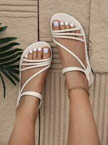 2026 女士新款简约时尚百搭平底凉鞋 - 米色 - 查看 3