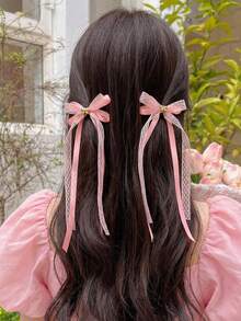 2pcs Women's Elegant Lace Bow Hair Clips In White, Pink, Black, Gold, Suitable For Daily Wear, Weddings, Spring/Summer Vacations - Multicolor - View 2
