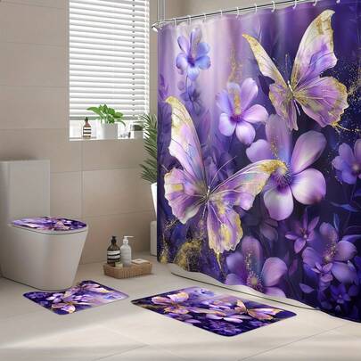 4件套 - 紫色蝴蝶浴帘套装，现代乡村花卉蝴蝶金色粉末植物艺术装饰防水浴帘，带12个挂钩，浴室防滑地垫，U型马桶垫，盖垫，家居礼品