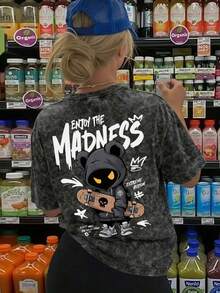 Camiseta de manga corta para mujer con estampado de oso y patineta estilo tie-dye oscuro, corte holgado, cuello redondo, top casual estilo Y2K, verano negro - Negro - Ver 2