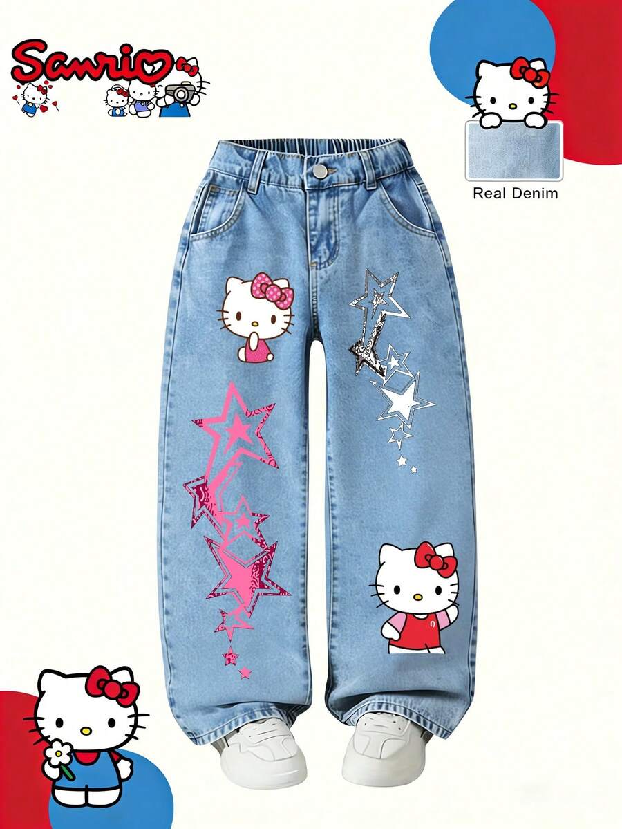 Sanrio Cute Hello Kitty Stars And Bows Pattern Series | Children's Wide Leg Jeans - Y2K Cute Pattern Street Jeans | Children's Casual Pants | Sweet And Cool Street Style Multifunctional | Skin Friendly Machine Wash Pants - màu xanh nhạt - Xem 1