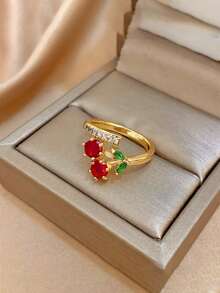 1 pièce Bague ajustable mignonne en cristal et strass simulant une cerise, convient pour les vacances et le port quotidien - Rouge - Voir 1