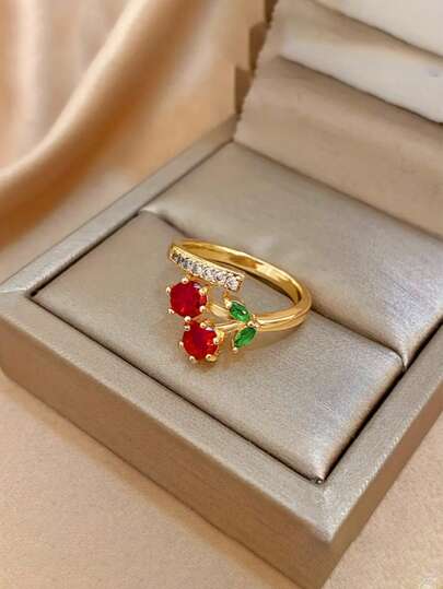 1pc Crystal Rhinestone Cute Simulated Cherry Adjustable Ring, Suitable For Vacation And Daily Wear