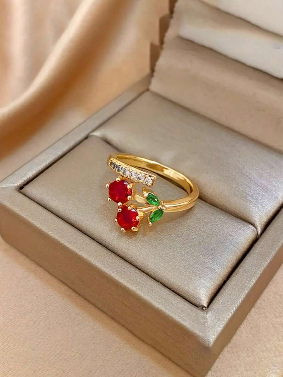 1 pièce Bague ajustable mignonne en cristal et strass simulant une cerise, convient pour les vacances et le port quotidien - Rouge - Voir 1