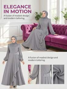 Đầm dài nữ màu trơn, xếp ly ở gấu váy, đính hạt cườm ở eo, kiểu dáng kín đáo phong cách Ả Rập, thích hợp cho lễ Eid mùa xuân. - Xám - Xem 3