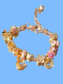 1条樱花蝴蝶生肖DIY手链，1条心形蝴蝶仙子手链，1条可爱招财猫手链，1条金色花朵蝴蝶手链 - 金色 - 查看 2