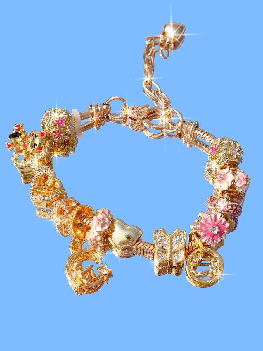 1条樱花蝴蝶生肖DIY手链，1条心形蝴蝶仙子手链，1条可爱招财猫手链，1条金色花朵蝴蝶手链