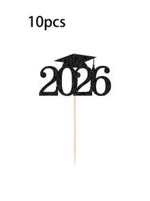 10pcs Graduation Cake Decorations, Fruit Picks, Wine Tags, Featuring Black & Gold Wavy Vase Accents, Includes Graduation Florals, Suitable For 2026 Graduation Ceremony. This Elegant Design Combines Graduation And Numeric Elements. - Multicolor - View 6