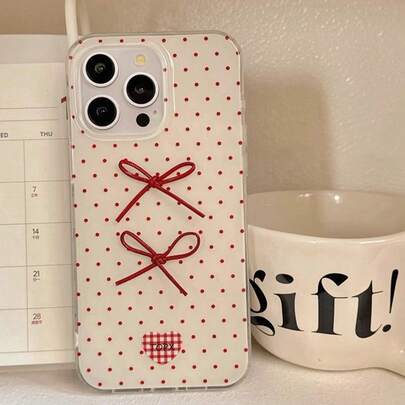 1件新款时尚高端韩版红色波点格子爱心蝴蝶结手机壳，兼容 17 Pro Max、16 Pro Max、15 Pro Max、14 Pro Max、13 Pro、13 Pro Max、12 Pro Max，时尚手机壳，简约百搭设计
