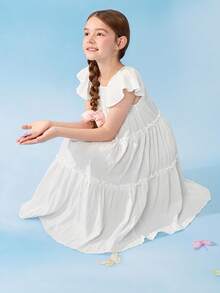 Balabala 女童公主裙 荷叶袖 蓬蓬裙 甜美梦幻派对生日礼服 2026夏季款 - 米白 - 查看 2