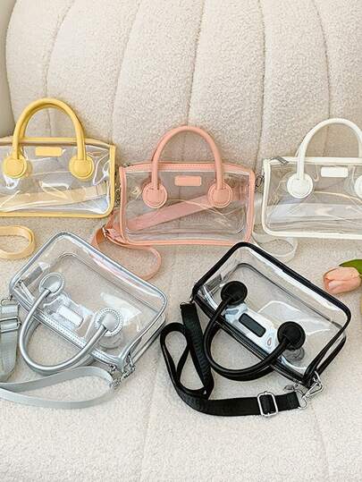 Niche High-End Refreshing Contrast Color Transparent Jelly Bag, Adjustable Shoulder Strap, Commute & Casual Handbag & Shoulder Bag, Minimalist PVC Transparent Boston Bag With PU Leather Trim, Mini Square Bag For Daily Wear, Zipper Closure, Versatile Underarm Bag, Summer Vacation Style Handbag, Commute & Date