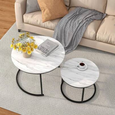 TONSSIDA Nesting Coffee Table Set Of 2, Round White Marble Coffee Table, Nesting Tables For Living Room, Space Saving Side Tables With Metal Frame