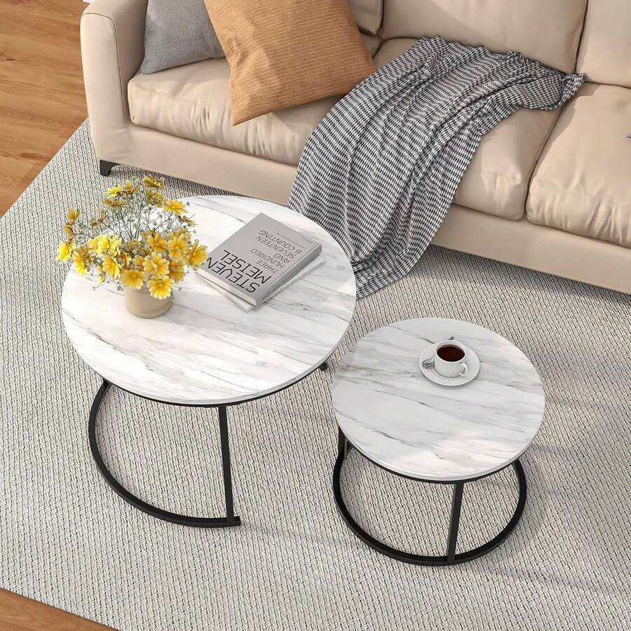 Nesting Coffee Table Set Of 2, Round White Marble Coffee Table, Nesting Tables For Living Room, Space Saving Side Tables With Metal Frame - Black - View 1
