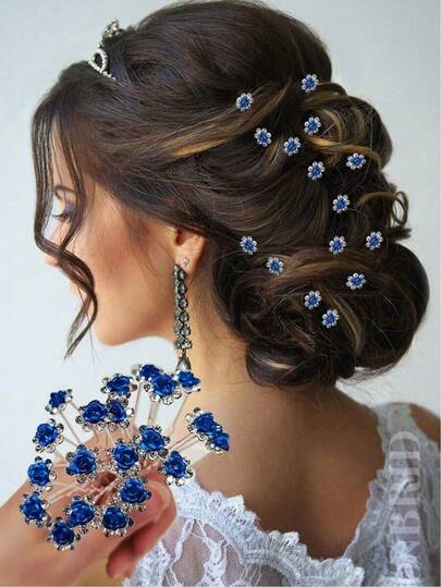 20pcs Royal Blue Rose Bridal Hair Clips, Metal Rose Hair Clips With Rhinestones, Suitable For Buns, Braids And Various Hairstyles, Ideal Wedding Hair Accessories