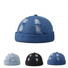 Fashionable Water-Washed Denim Frayed Brimless Hat, A Comfortable And Versatile Everyday Cap, A Cool Hip-Hop Hat - Black - View 1