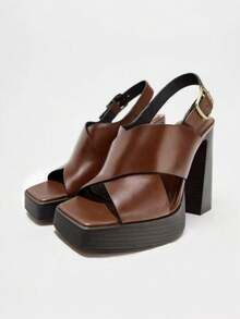 Giày sandal cao gót đế xuồng chống thấm nước mới mùa hè 2026, chất liệu da mềm, hở gót, gót dày, kiểu dáng La Mã thoải mái dành cho nữ. - màu nâu - Xem 1