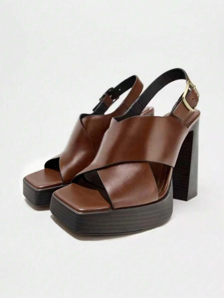 Giày sandal cao gót đế xuồng chống thấm nước mới mùa hè 2026, chất liệu da mềm, hở gót, gót dày, kiểu dáng La Mã thoải mái dành cho nữ. - màu nâu - Xem 1