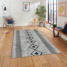 Alfombra y tapete de pasillo lavable y antideslizante con estampado enmarcado | Estilos modernos, escandinavos, bohemios y clásicos | 100% poliéster | HECHO EN TURQUÍA - Gris Claro - Ver 6