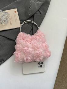 優雅玫瑰晚宴包 女款正式派對手拿包 溫柔甜美女孩單肩包 純色水桶包 新娘包 - 粉色 - 查看 3